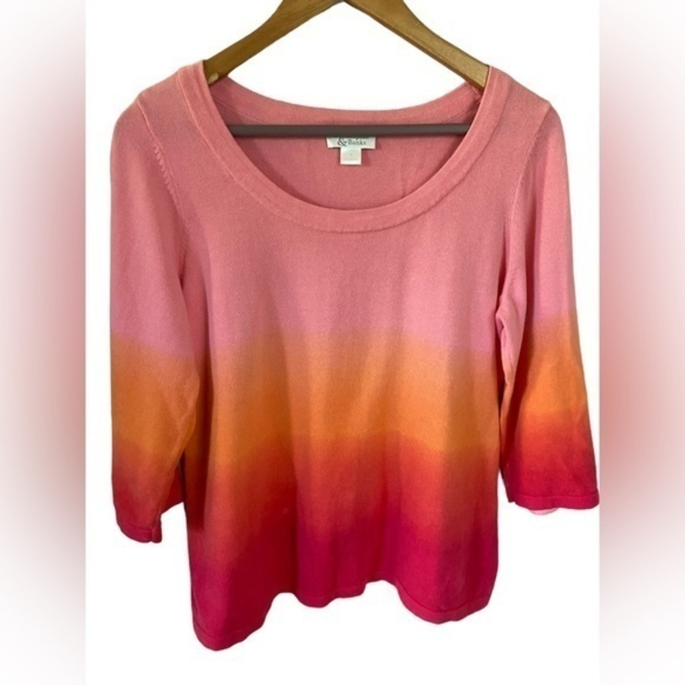 Christopher & Banks hot pink yellow ombré 3/4 sleeve knit sweater size Small